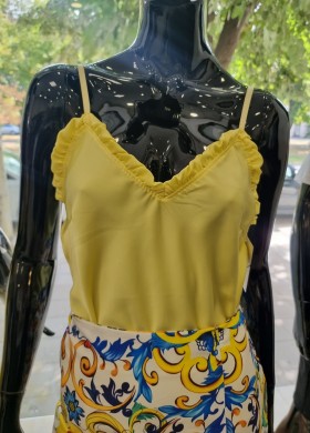 Сатенен потник с къдрички в жълто