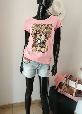 Тениска с мече розова